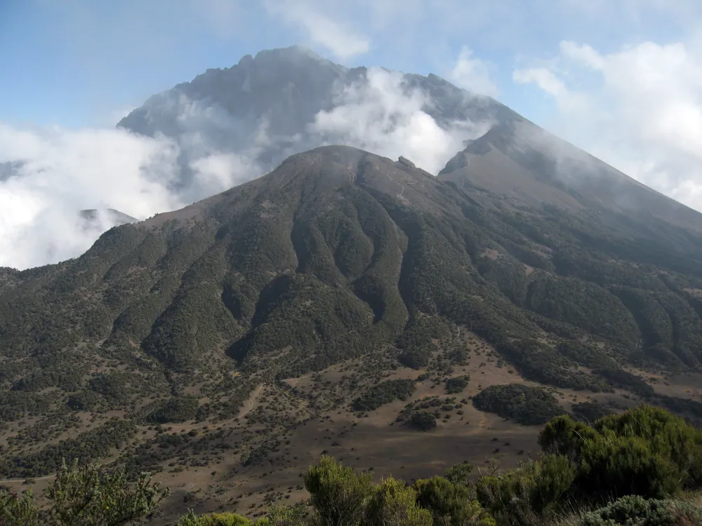 The breached caldera of Mount Meru, seen from the north