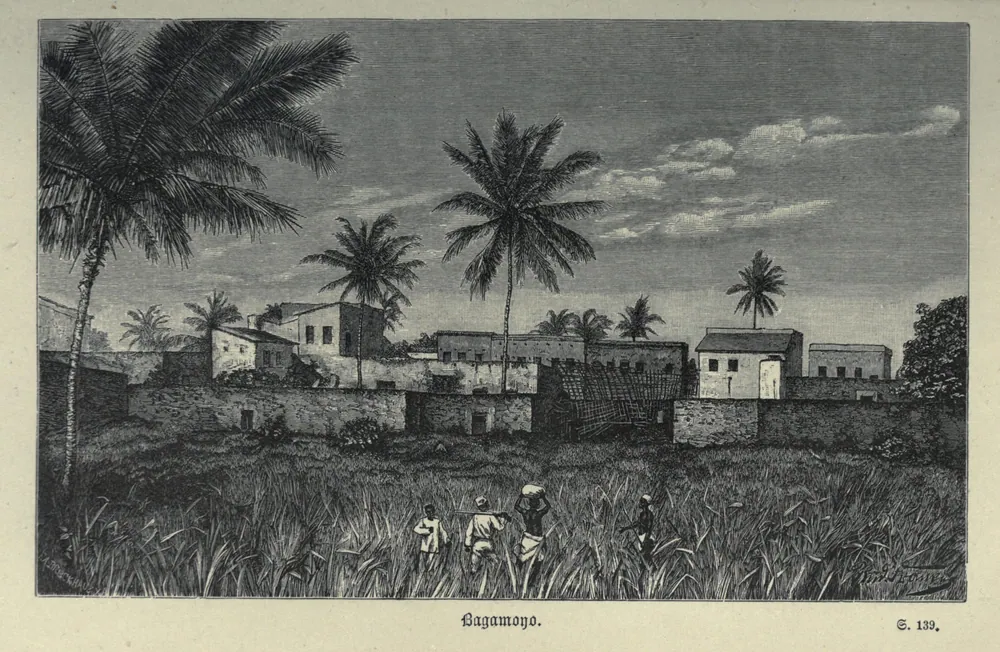 Engraving of Bagamoyo seen across open ground, with palm trees and low stone buildings