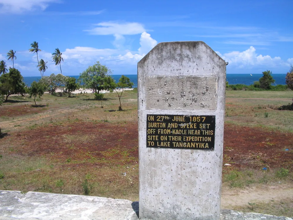 The marker at Kaole, near Bagamoyo, where Burton and Speke set off for Lake Tanganyika on 27 June 1857.