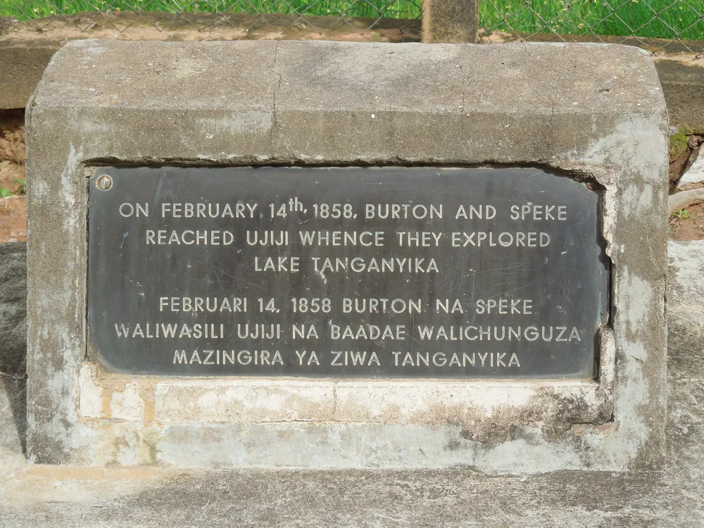 The plaque at Ujiji marking Burton and Speke's arrival on 14 February 1858.