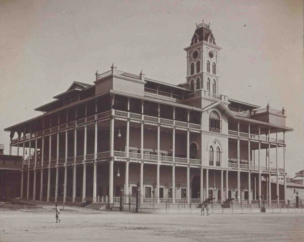 The House of Wonders in Stone Town, with its clock tower and verandas, in 1907