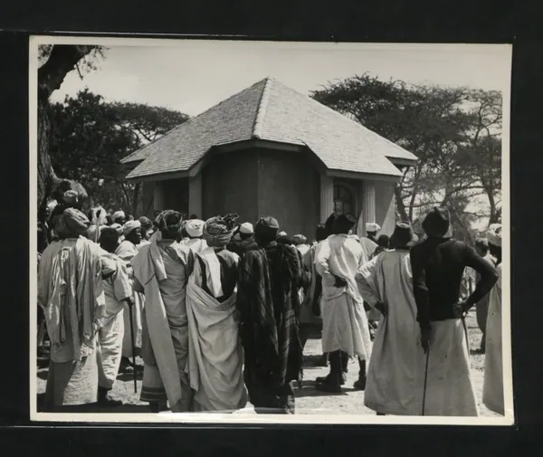 Crowd outside the new memorial building at Kalenga in 1954