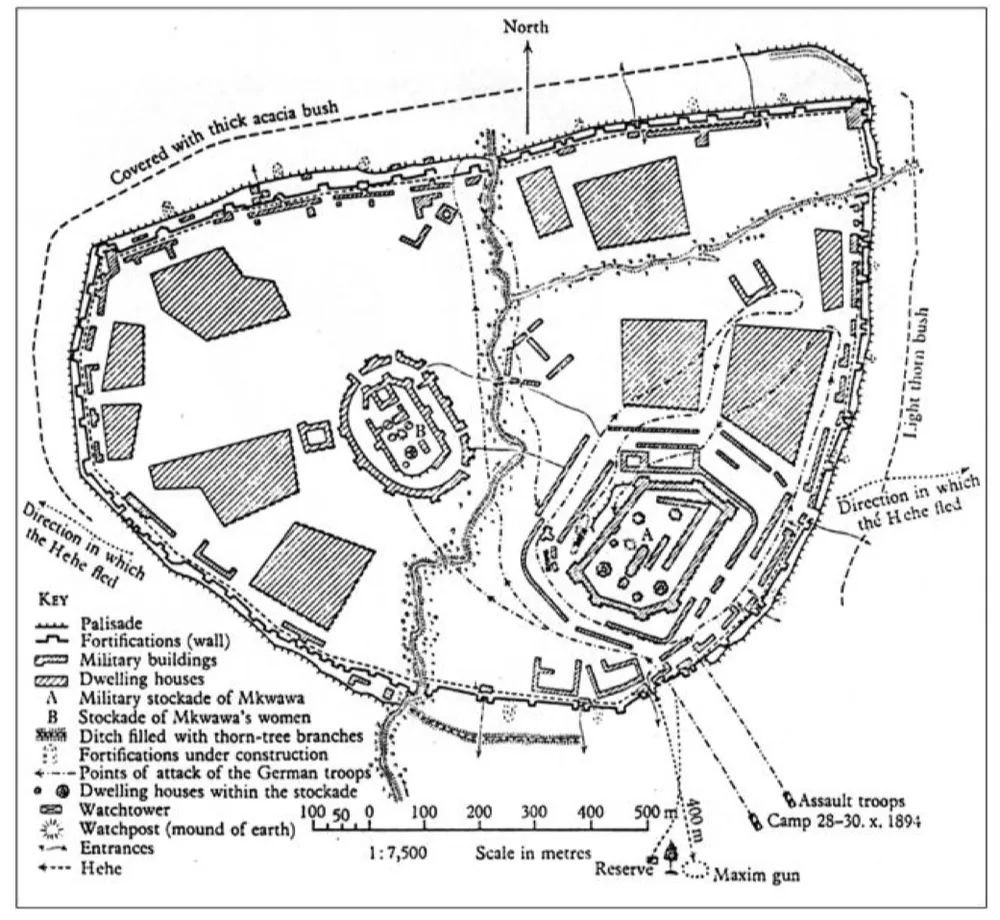 Mkwawa's fortified town at Kalenga in 1894, as drawn by the German commander von Schele.