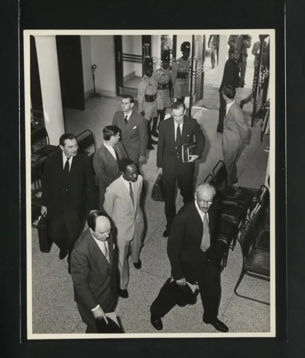 Governor Sir Richard Turnbull leading the Colonial Secretary Iain Macleod and Julius Nyerere into Karimjee Hall, Dar es Salaam, 27 March 1961