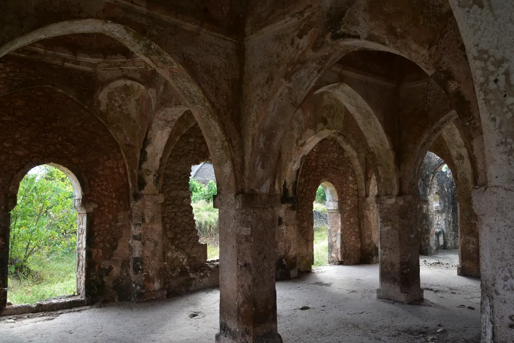 Arches and columns inside the Great Mosque at Kilwa Kisiwani.