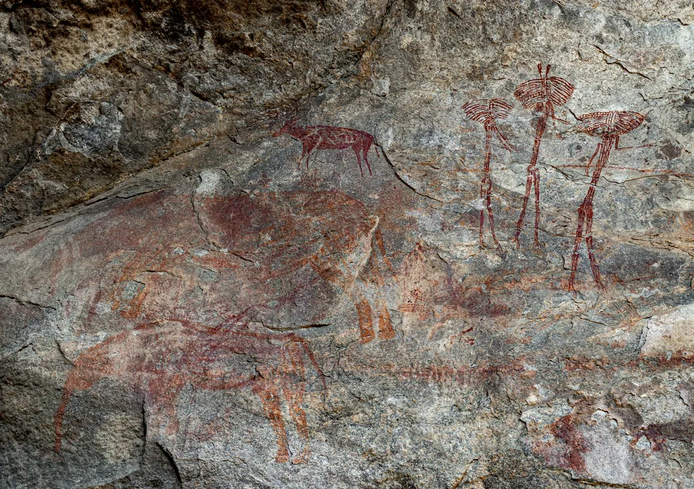 Rock paintings at Kondoa, attributed to the hunter-gatherer ancestors of the Sandawe.