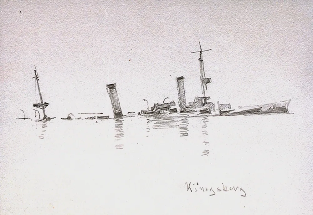 Pencil and wash sketch of the wrecked cruiser Königsberg, half sunk in the river