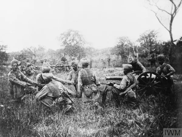 An Indian mountain battery in action in long grass at Nyangao, near Mahiwa, October 1917