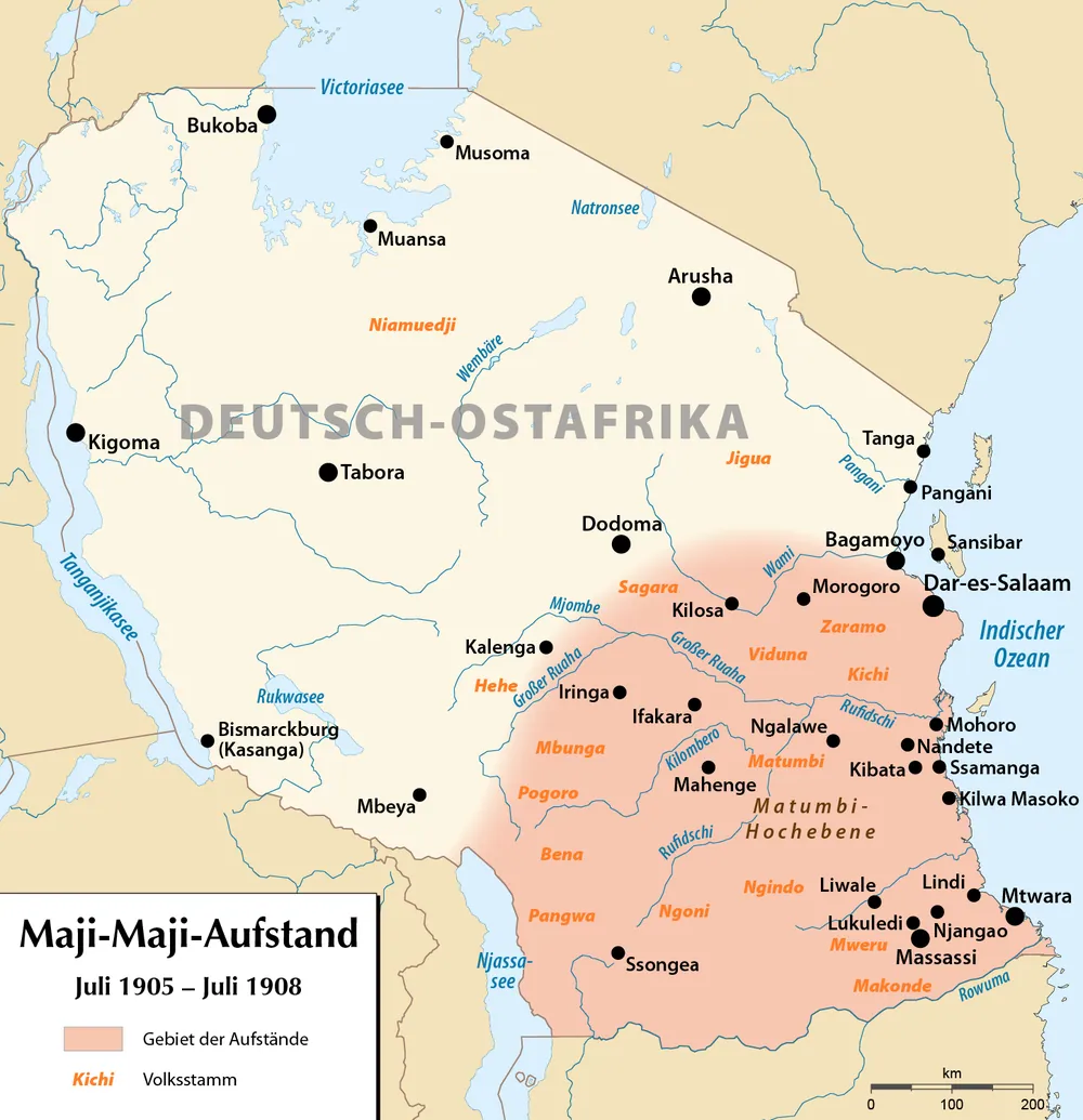 Map of German East Africa with the area of the Maji Maji war shaded across the south