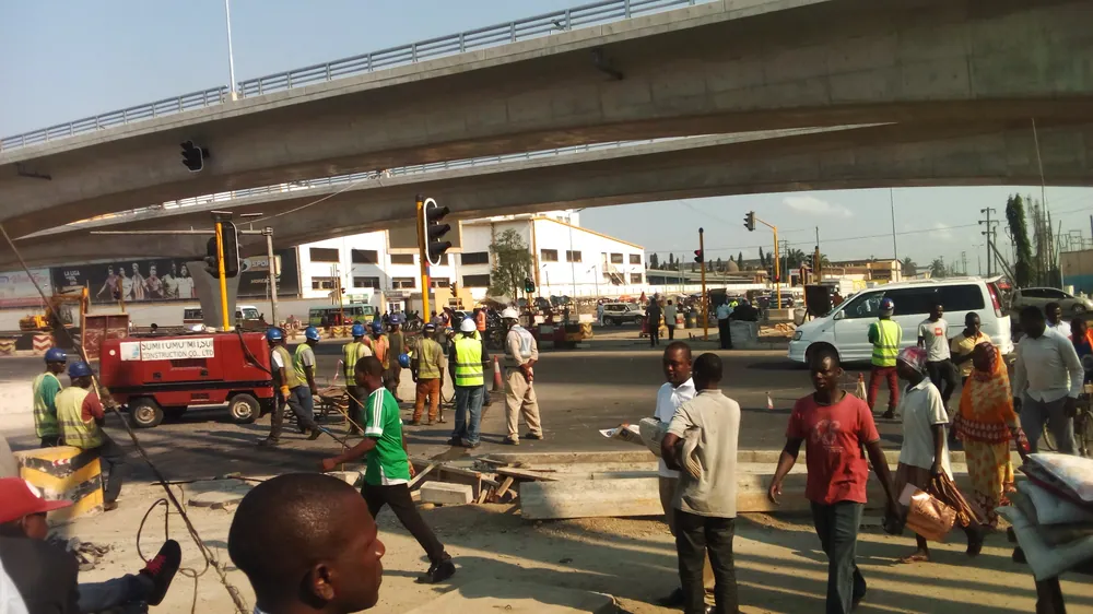 Finishing work on the Mfugale Flyover at the TAZARA junction in Dar es Salaam, August 2018. Tanzania's first flyover, it opened that September.