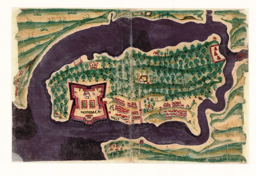 Fort Jesus and Mombasa island in António Bocarro's book of Portuguese fortresses, 1635
