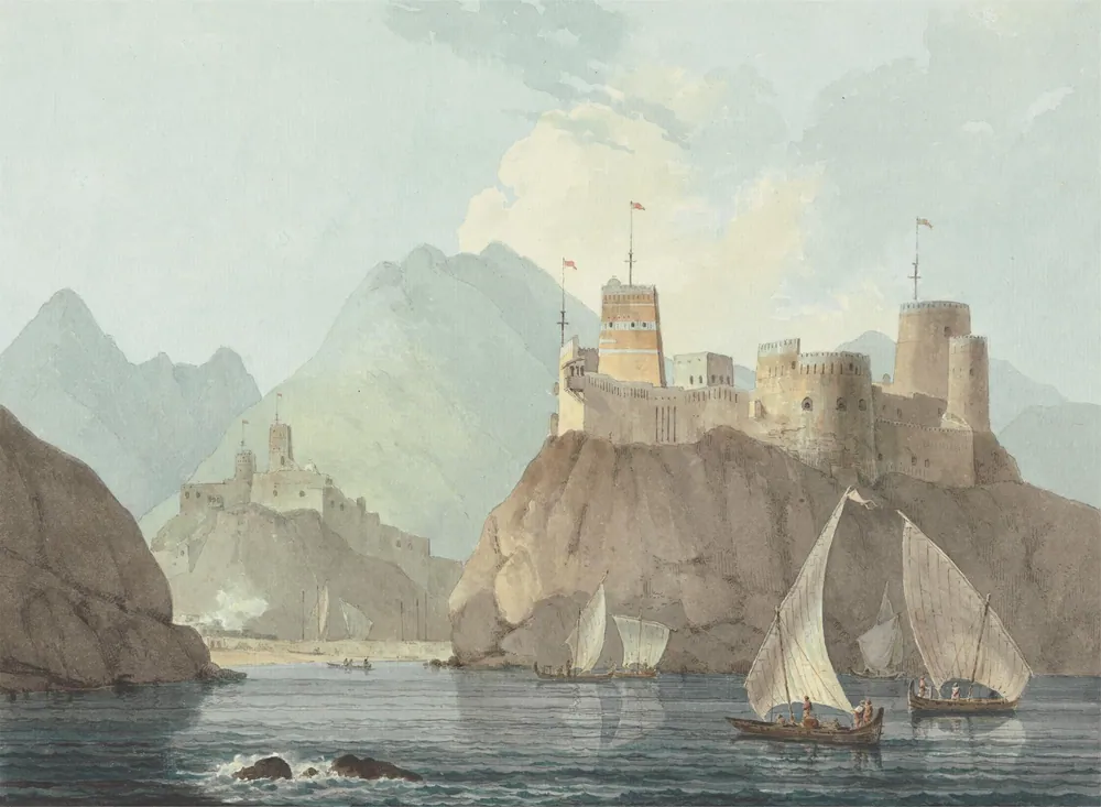 The forts of Jalali and Mirani guarding Muscat harbour, painted by Thomas Daniell in 1793