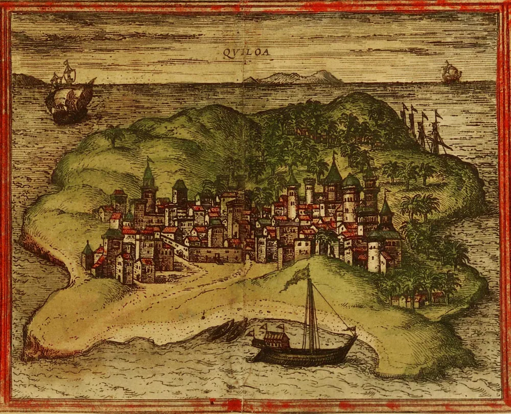 Hand-coloured bird's-eye view of the walled town of Kilwa on its island, with ships in the harbour