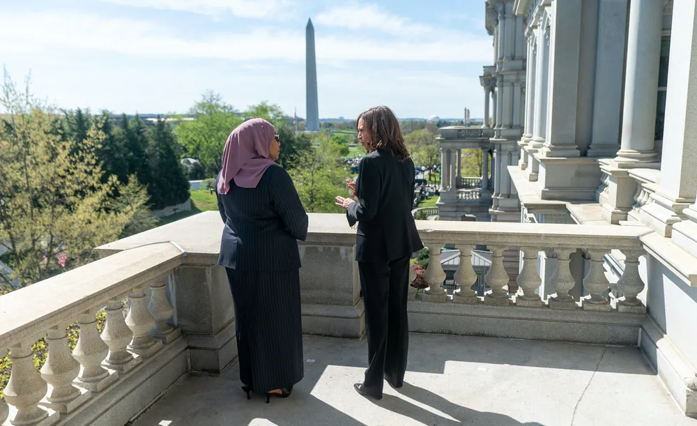 Samia Suluhu Hassan and Kamala Harris on a balcony in Washington