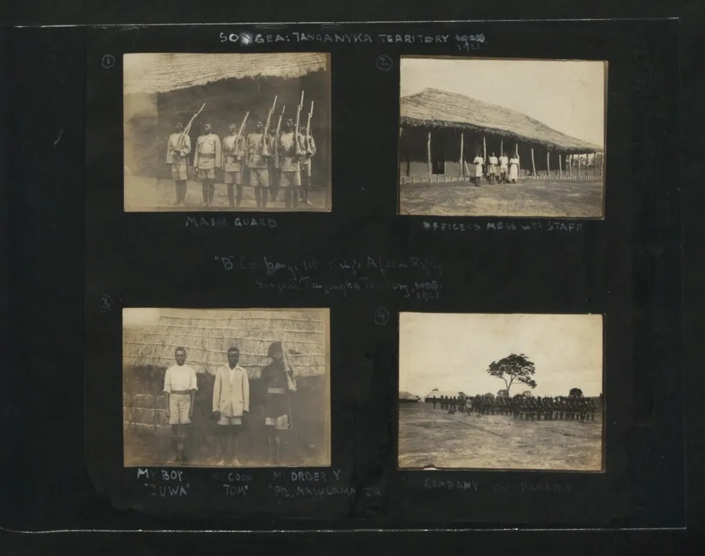 A page of four photographs from a British officer's album: guards, the officers' mess and staff at Songea, 1921
