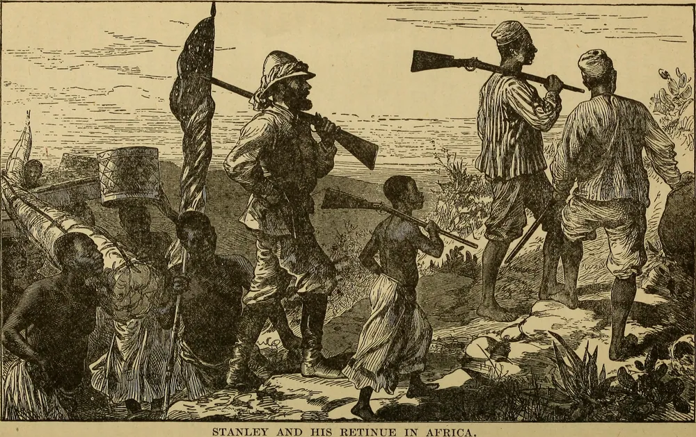 An expedition on the march with its porters and armed escort, from a book on Stanley's travels published in 1890.