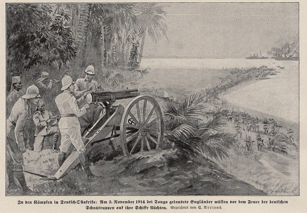 German illustration of a gun crew firing on British troops retreating to their ships at Tanga, 3 November 1914
