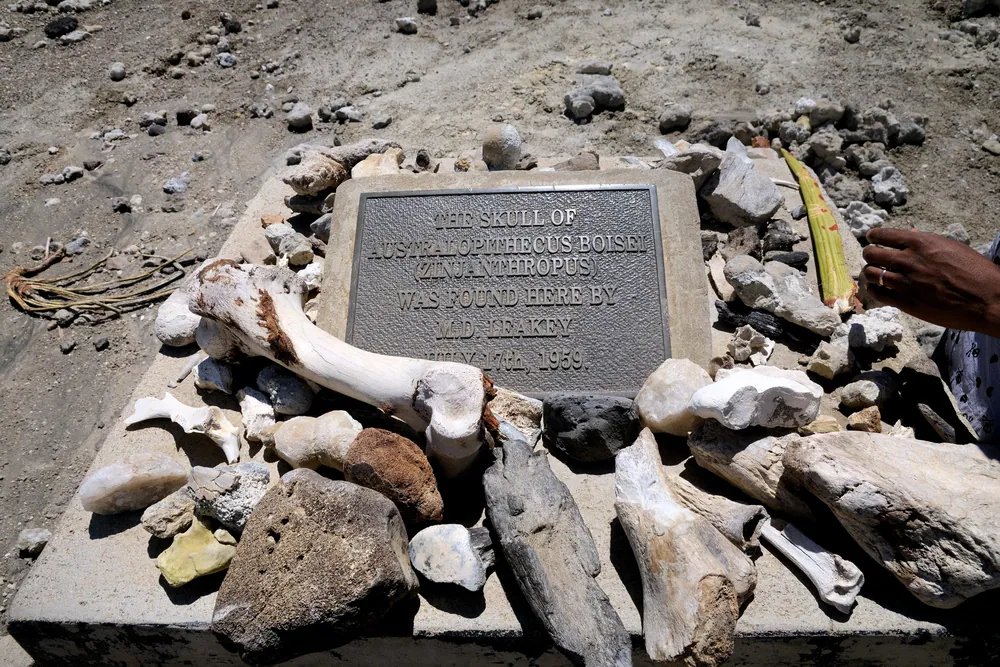 A stone marker at Olduvai Gorge recording the discovery of the Australopithecus boisei skull on 17 July 1959