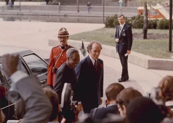 Canada's prime minister, Pierre Trudeau, greets President Nyerere at the Commonwealth Conference in Ottawa, 1973