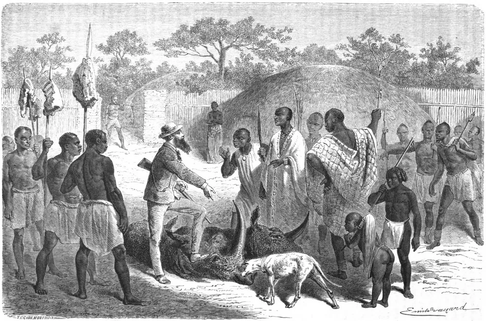 Speke presenting his hunting trophies to King Rumanyika of Karagwe, an engraving published in Le Tour du monde in 1864