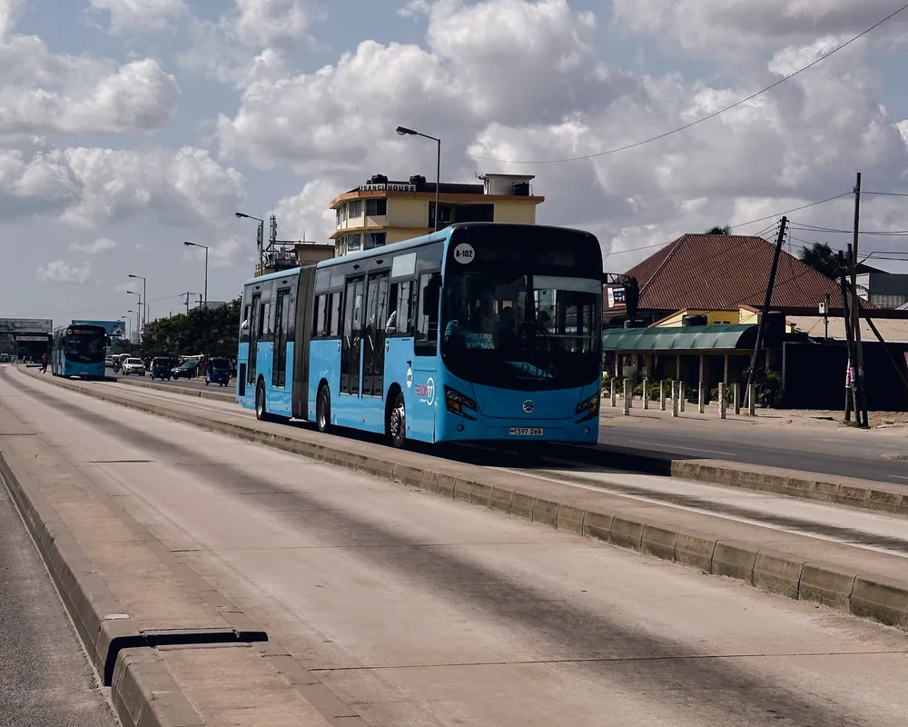 A rapid-transit bus in its own lane at Manzese, on the Morogoro Road corridor in Dar es Salaam