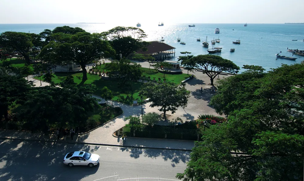 Stone Town's seafront and harbour seen from above, Zanzibar